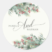 Sticker Rond Berries d'hiver et Pine Aquarelle Mariage de verdu (Devant)
