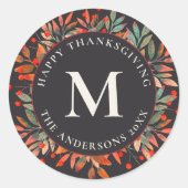 Sticker Rond Berries rouges et Feuilles verts Monogramme foncé (Devant)