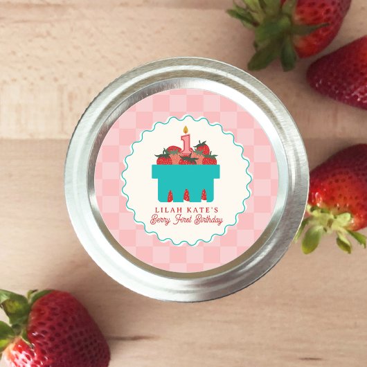 Sticker Rond Berry 1er Anniversaire Panier de fraises Checkerbo