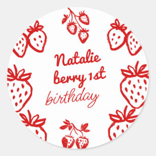 Sticker Rond Berry 1st Hand Drawberry Girl Fun Anniversaire