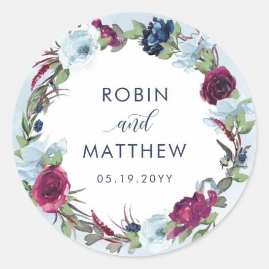 Sticker Rond Berry, Bleu Bourgogne Fleur Faveur / Enveloppe Sce (Devant)