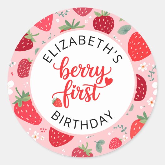 Sticker Rond Berry First Cute 1er Anniversaire Fille aux fraise (Devant)