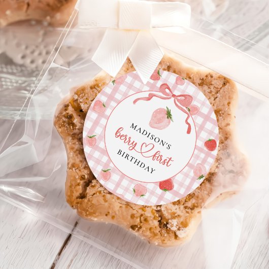 Sticker Rond Berry First Strawberry Pink En vichy 1er anniversa