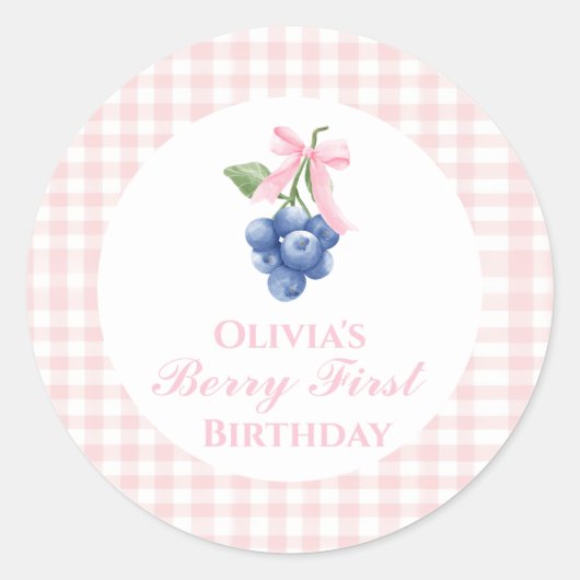 Sticker Rond Berry premier anniversaire bleu Bow rose En vichy (Devant)