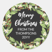 Sticker Rond Berry rouge floral vert Wreath Joyeux Noël (Devant)