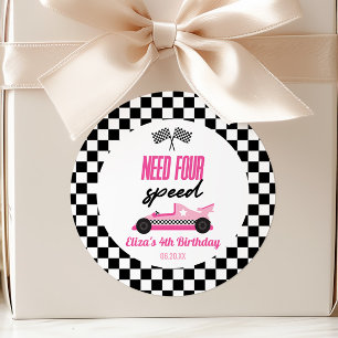 Sticker Rond Besoin de quatre Speed Pink Race Car 4e fête d'ann