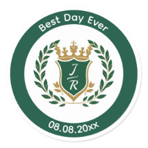 Best Day Ever Wedding Monogram Green Gold Crest