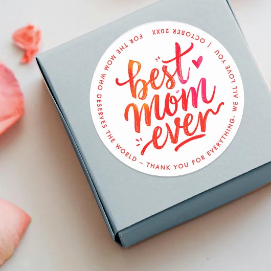 Sticker Rond Best Mom Ever Modern Red And White Brush Script