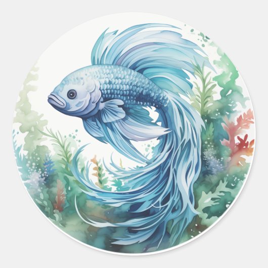 Sticker Rond Bêta bleu Poisson Algues vertes (Devant)