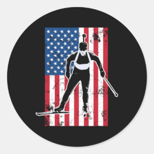 Sticker Rond Biathlon American Flag 2 Cadeau Usa - Équipe de bi