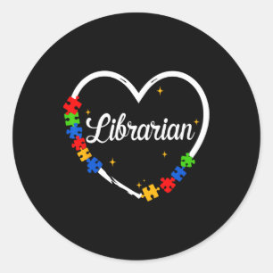 Sticker Rond Bibliothécaire Autisme Puzzle Amour du coeur Suppo