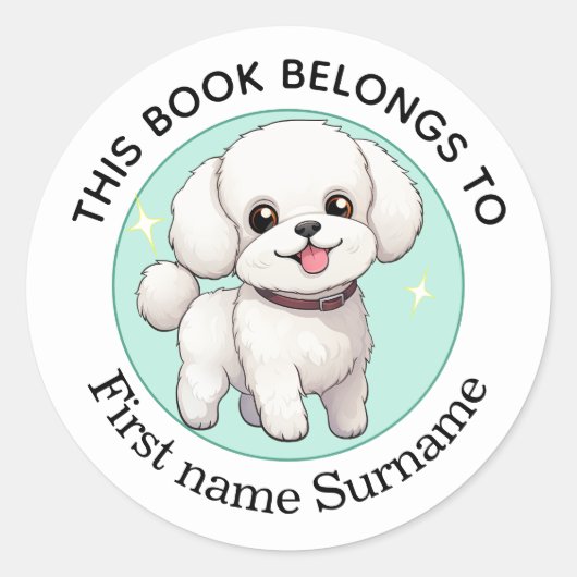 Sticker Rond Bichon Frise Ce Livre Appartient À Custom (Devant)