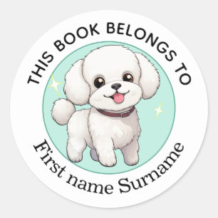 Sticker Rond Bichon Frise Ce livre appartient à Personnalisé