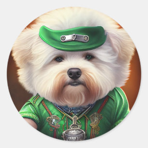 Sticker Rond Bichon Frisé Chien Conduite Vélo St. Patrick