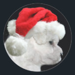 Sticker Rond Bichon Frise Christmas<br><div class="desc">Chiot Bichon Frise dans un autocollant photo de chapeau de Père Noël</div>