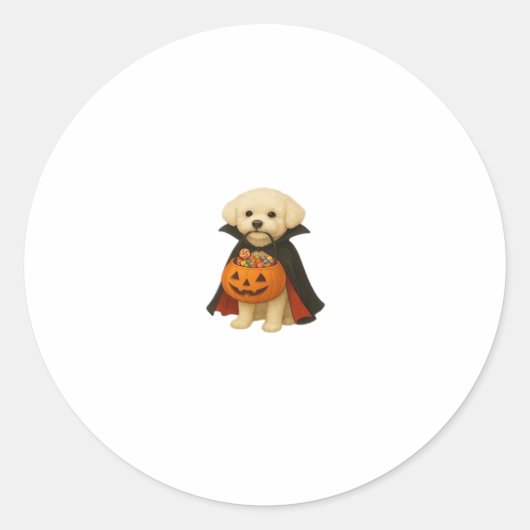 Sticker Rond Bichon Frisé Halloween Vampire Pup avec Citrouille (Devant)