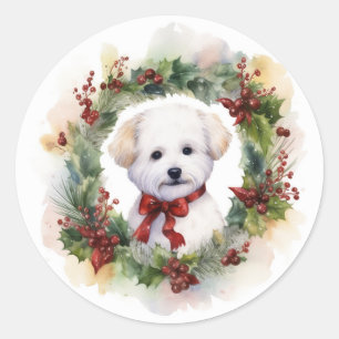 Sticker Rond Bichon Frise Wreath Festive Pup