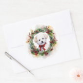 Sticker Rond Bichon Frise Wreath Festive Pup (Enveloppe)