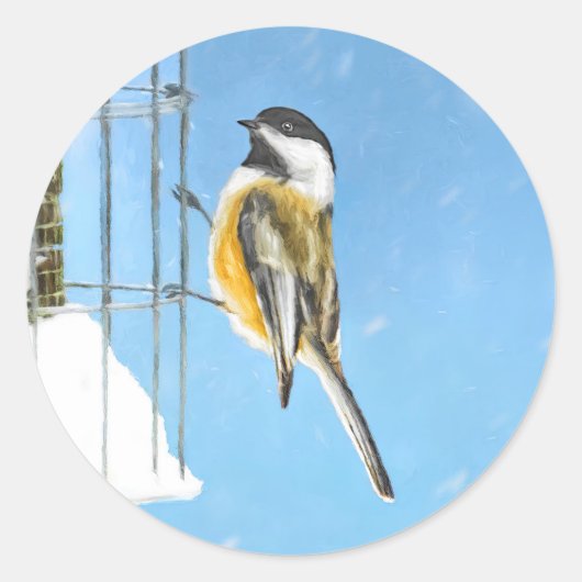 Sticker Rond Bickadee sur la peinture d'alimentation - Oiseaux (Devant)