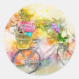 Sticker Rond Bicyclette et fleurs