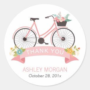 Sticker Rond Bicyclette florale mignonne Merci rose