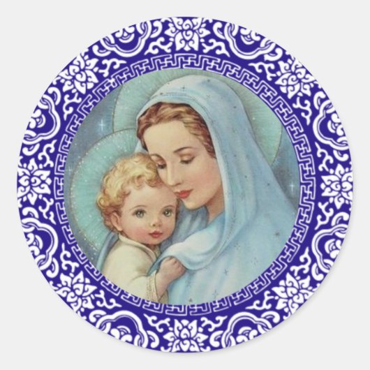 Sticker Rond Bienheureuse Vierge Mère Marie Bébé Jésus Bleu Fro (Devant)