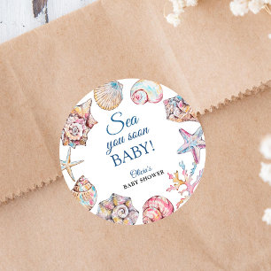 Sticker Rond Bientôt sous les mers Baby Shower Coquillage