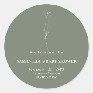Sticker Rond Bienvenue bébé shower Fleur beige vert sauge