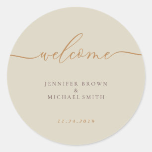 Sticker Rond Bienvenue en calligraphie signature orange ivoire