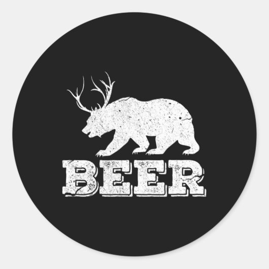 Sticker Rond Bière Ours Cerf Drôle Chasse Vintage (Devant)