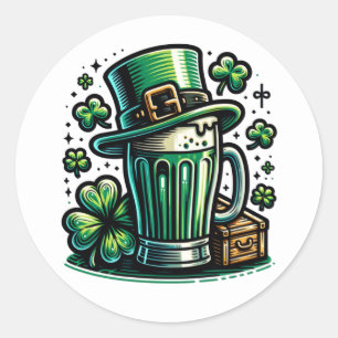 Sticker Rond Bière verte et Casquette Leprechaun