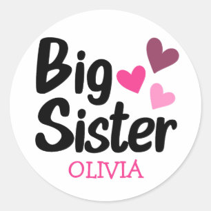 Sticker Rond Big Sister Nom personnalisé avec coeur rose