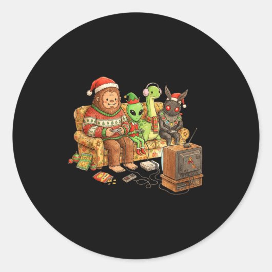 Sticker Rond Bigfoot Alien Nessie Mothman Retro Gaming Christma (Devant)