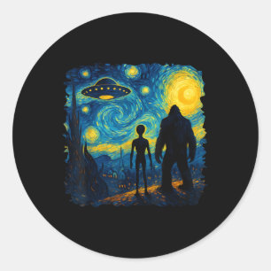 Sticker Rond Bigfoot Alien Ufo Van Gogh Nuit Étoilée Sasquatch 