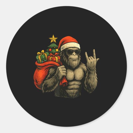 Sticker Rond Bigfoot Santa Christmas Tree Rock On Funny Xmas Sa (Devant)