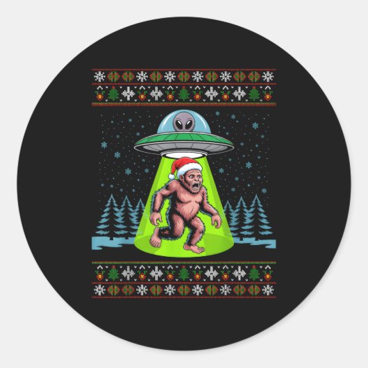 Sticker Rond Bigfoot Santa Ufo Sasquatch Funny Ugly Christmas S (Devant)