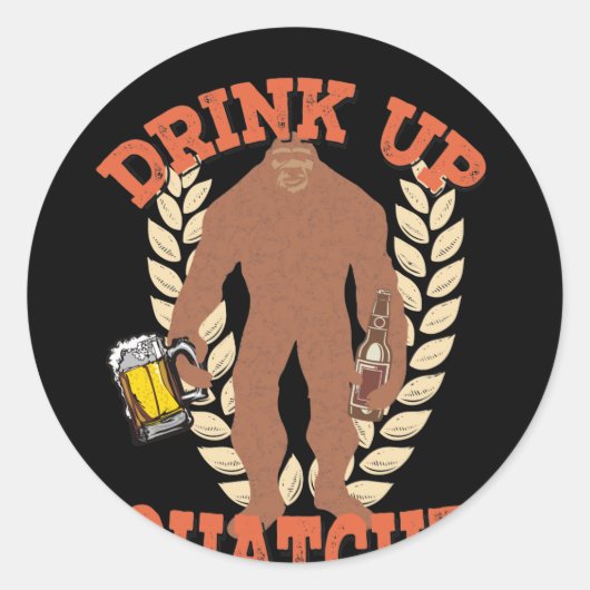Sticker Rond Bigfoot Sasquatch Boire Bière (Devant)