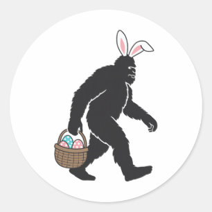 Sticker Rond Bigfoot Sasquatch Bunny Oreilles transportant OEuf