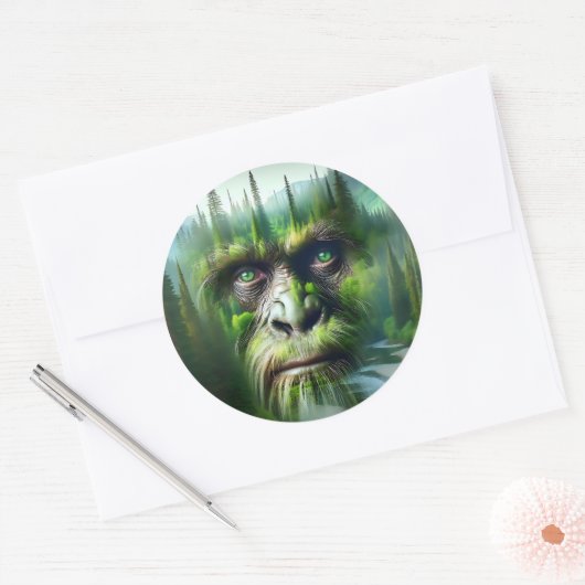 Sticker Rond Bigfoot Sasquatch Double exposition avec forêt (Enveloppe)