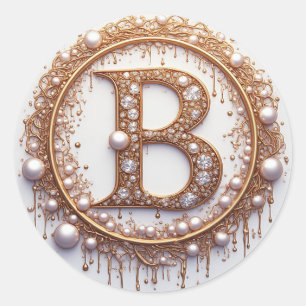 Sticker Rond Bijou de lettre B en or Monogramme Perles Mariage 
