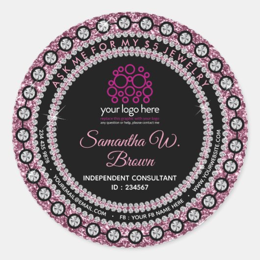 Sticker Rond Bijoux Paillettes Rose (Devant)