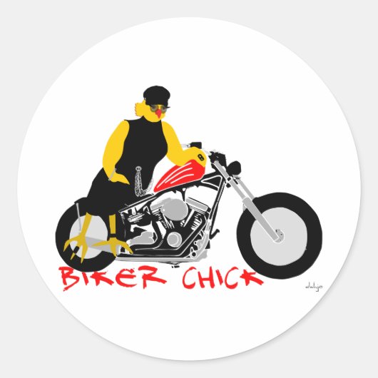 Sticker Rond BIKER CHICK assise sur sa moto (Devant)