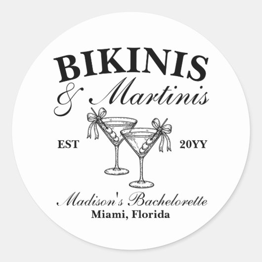 Sticker Rond Bikinis et Martinis Bachelorette (Devant)