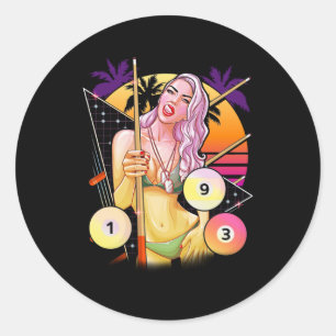 Sticker Rond Billiard Girl Vaporwave 80s 90s Snooker Pool