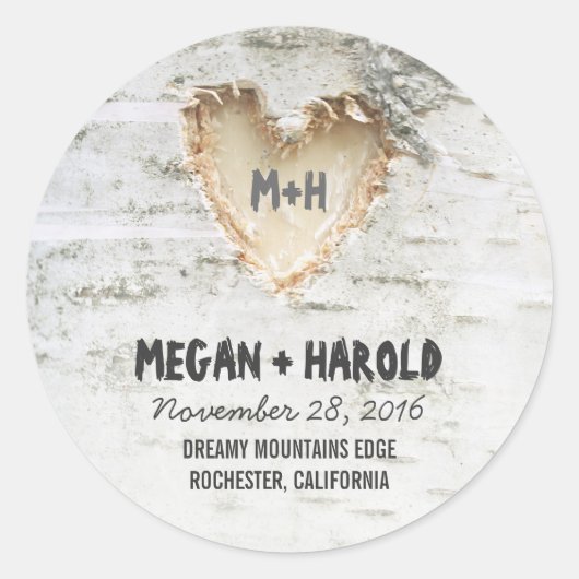 Sticker Rond Birch Tree Heart Rustic Mariage (Devant)