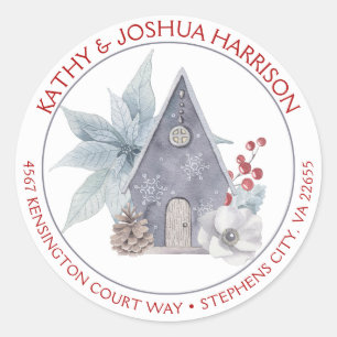 Sticker Rond Birdhouse Poinsettias Berries Adresse de retour  