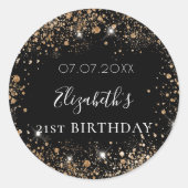 Sticker Rond Birthday black gold glitter dust name date (Devant)