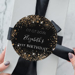 Sticker Rond Birthday black gold glitter dust name date<br><div class="desc">For an elegant 21st (or any age) birthday. A classic black background. Decorated with faux gold glitter dust. Personalize and add a date,  name and age 21.
Can be used for party favors and also as a Save the Date reminder for the guests.</div>