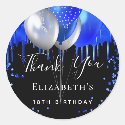 Sticker Rond Birthday black royal blue glitter name thank you (Devant)
