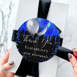 Sticker Rond Birthday black royal blue glitter name thank you<br><div class="desc">A chic black background. Decorated with royal faux glitter drips,  paint dripping look, glitter dust and balloons.  Personalize and add a name.</div>